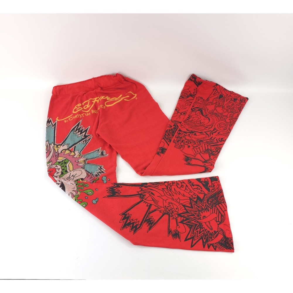 Ed Hardy By Christian Audigier Dragon Print Rhinestone Red Sweatpants Sz Medium